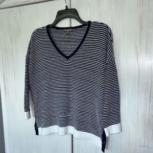 Lilla P Navy and White Striped V-Neck Sweater